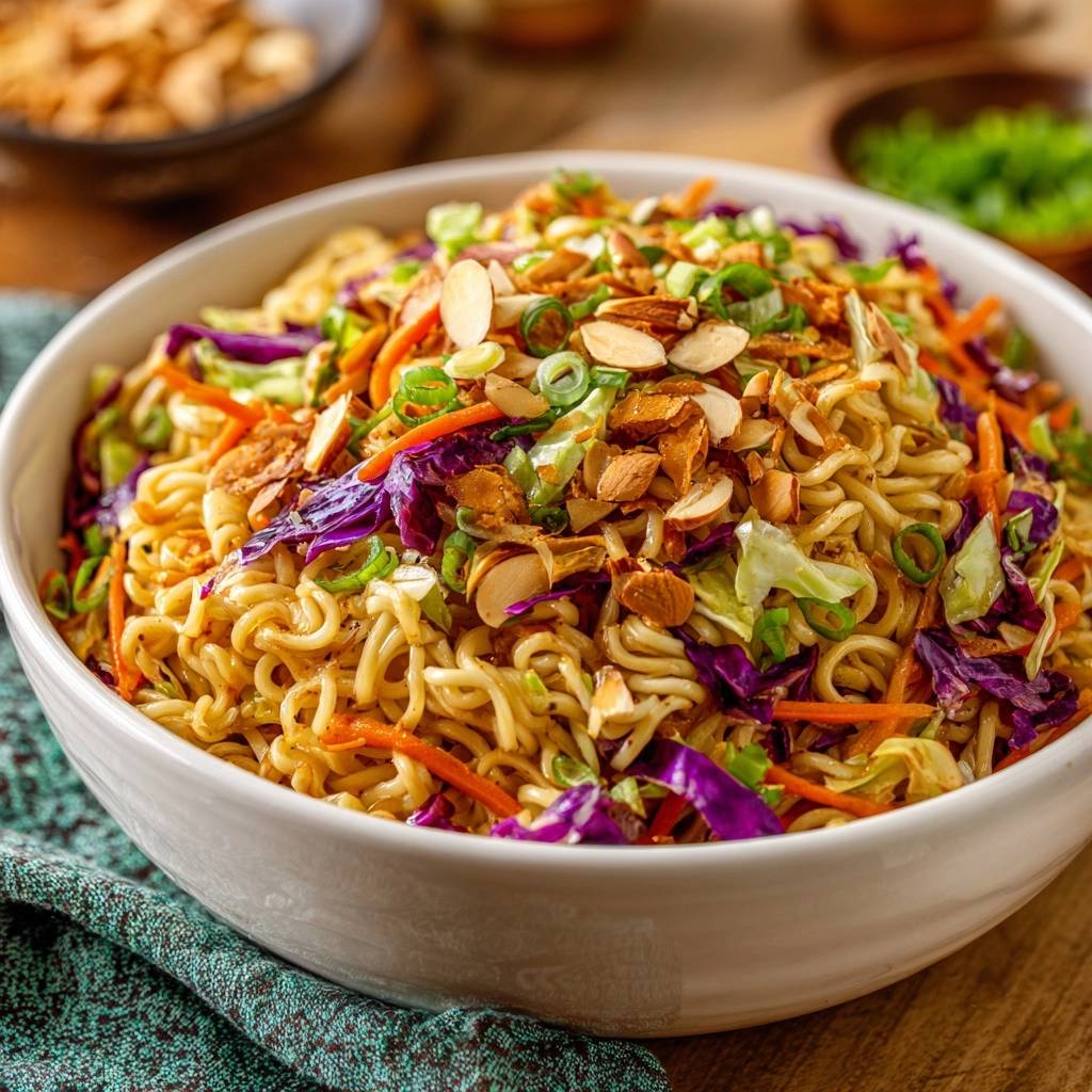 Crunchy ramen cabbage salad in a white bowl, topped with sliced almonds and green onions.