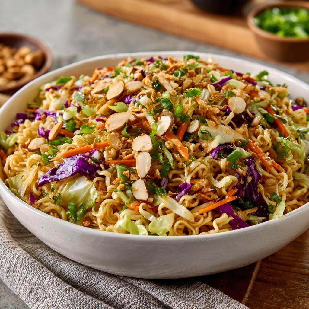 Crunchy ramen cabbage salad shown in a white bowl with almonds and fried onions as a topping.