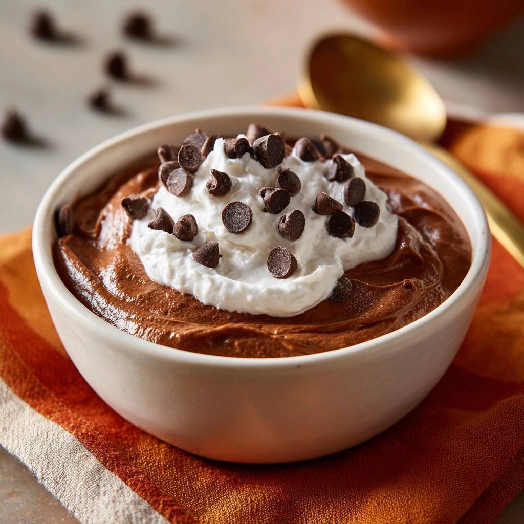 Decadent dark chocolate mousse topped with whipped cream and chocolate chips in a white bowl.