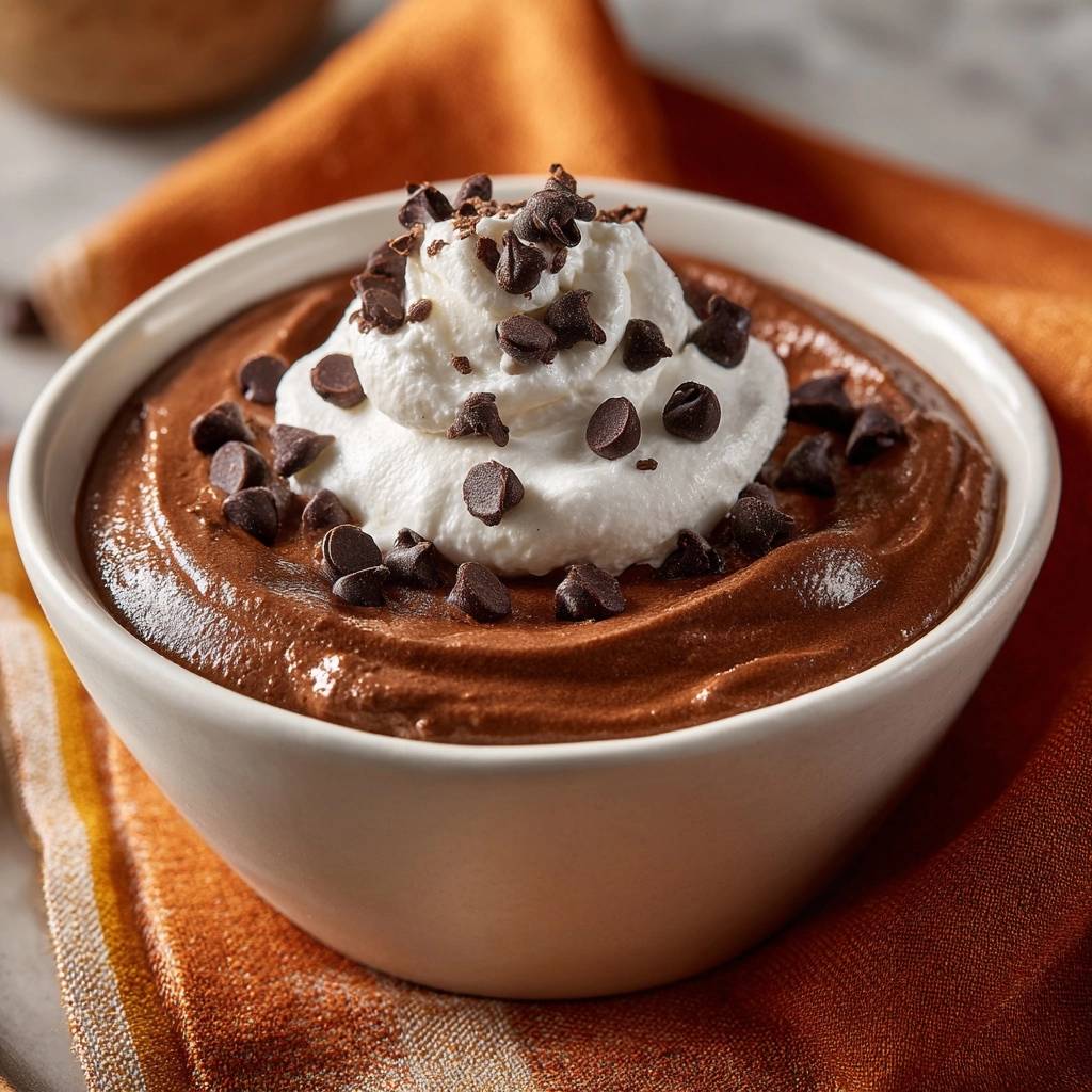 Decadent dark chocolate mousse in a bowl, topped with whipped cream and chocolate chip garnish.