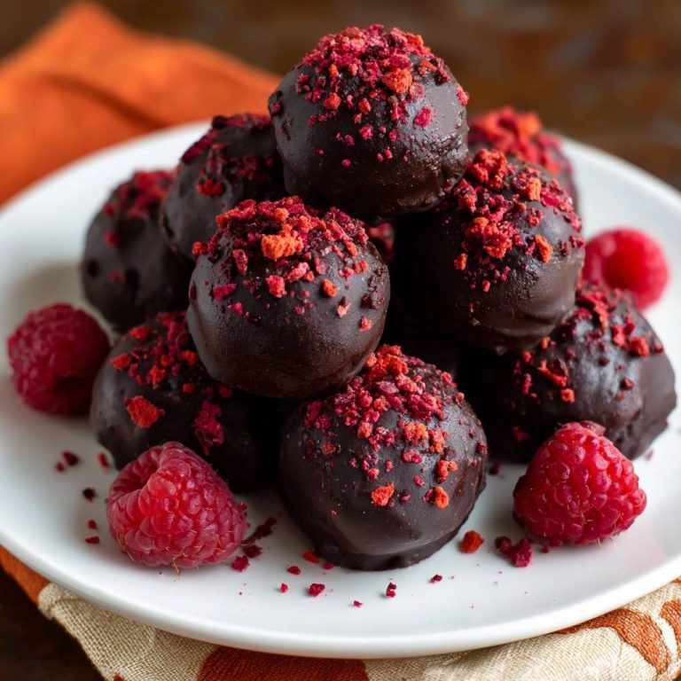 Dark chocolate raspberry truffles piled high on a white plate, showcasing their rich topping and fresh raspberry garnish.