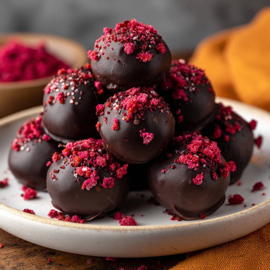 Dark chocolate raspberry truffles stacked high on a white plate, topped with vibrant pink raspberry crumble.