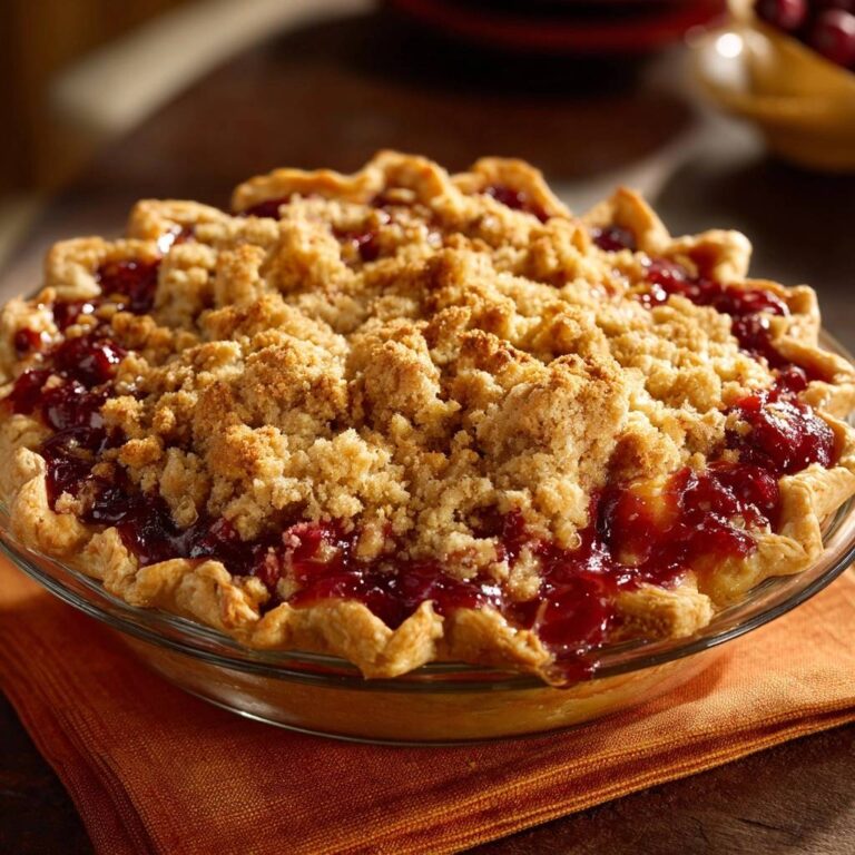Deep dish cranberry apple crumble pie featuring a close-up view of the golden brown crumble topping and bubbling filling.
