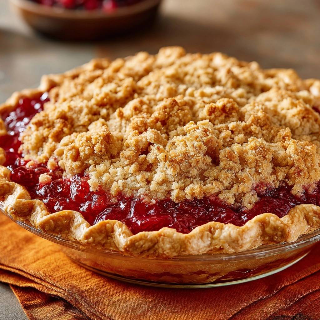 Deep dish cranberry apple crumble pie featuring a golden brown, textured crumb topping and glistening fruit filling.