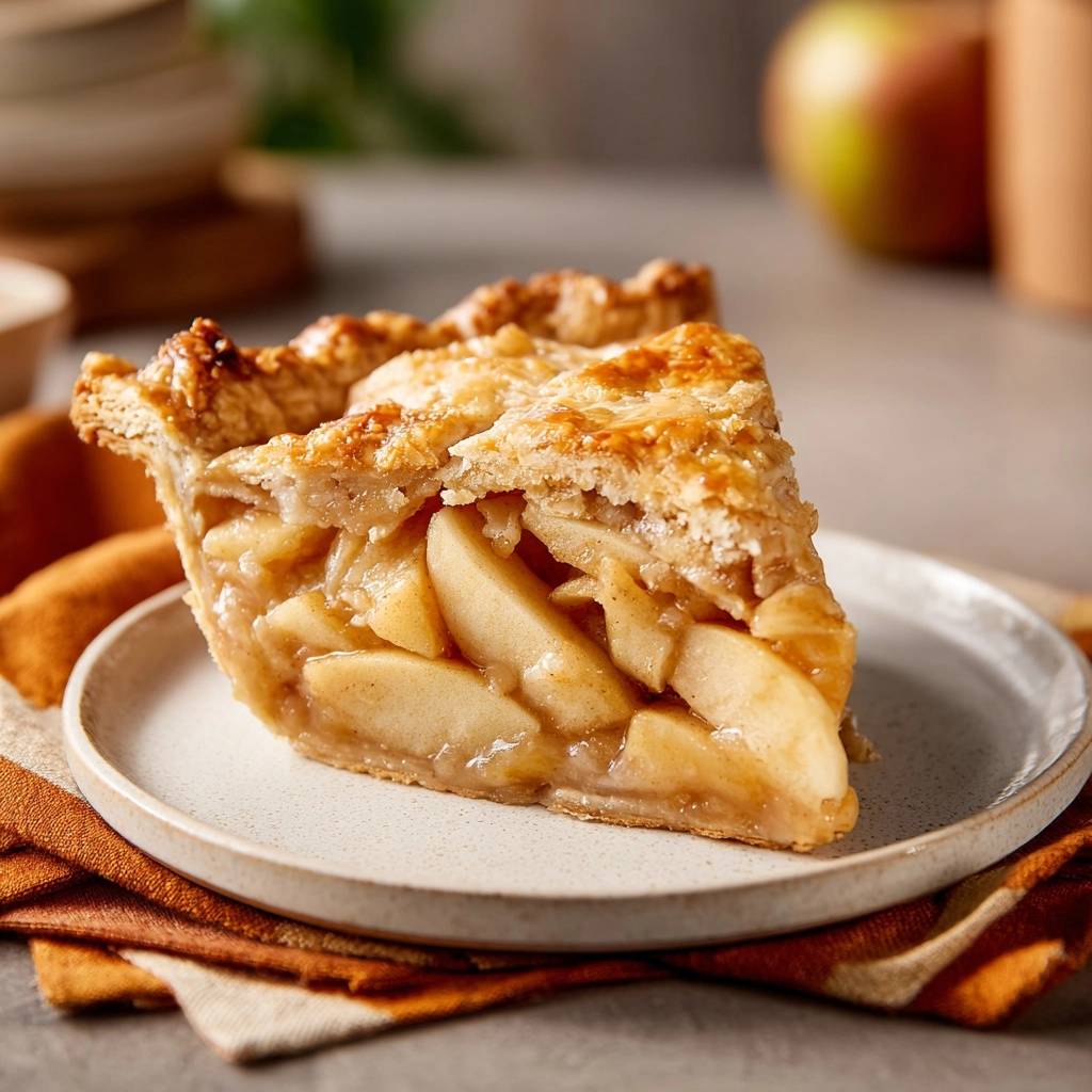 Deep dish golden apple pie slice showing the tender apple filling and flaky crust up close.