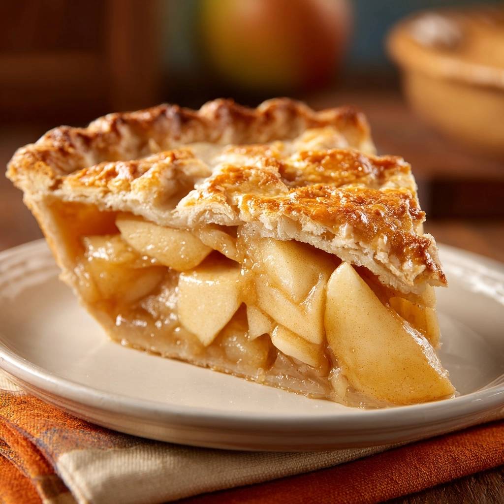 Deep dish golden apple pie slice cross-section showing flaky golden crust and tender apple filling.