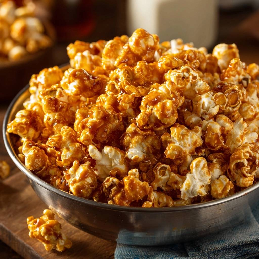 The science of the ultimate deep glaze caramel corn shown in a close-up view within a metal bowl.