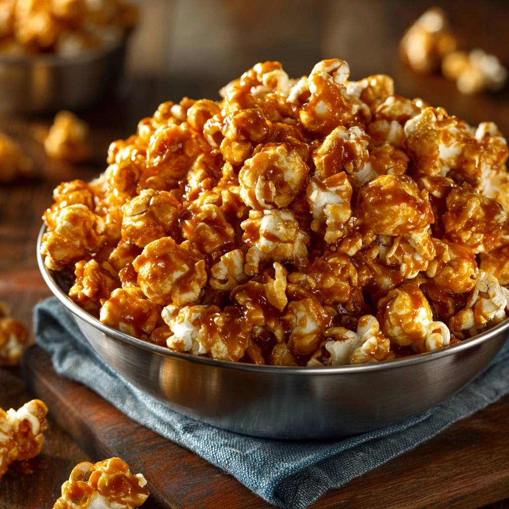 The science of the ultimate deep glaze caramel corn shown in a heaping metal bowl with a close-up detail of the glossy caramel coating.