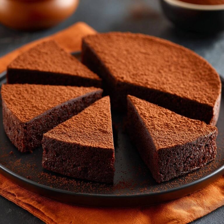 Flourless dark chocolate torte dusted with cocoa powder, sliced into wedges on a black plate.