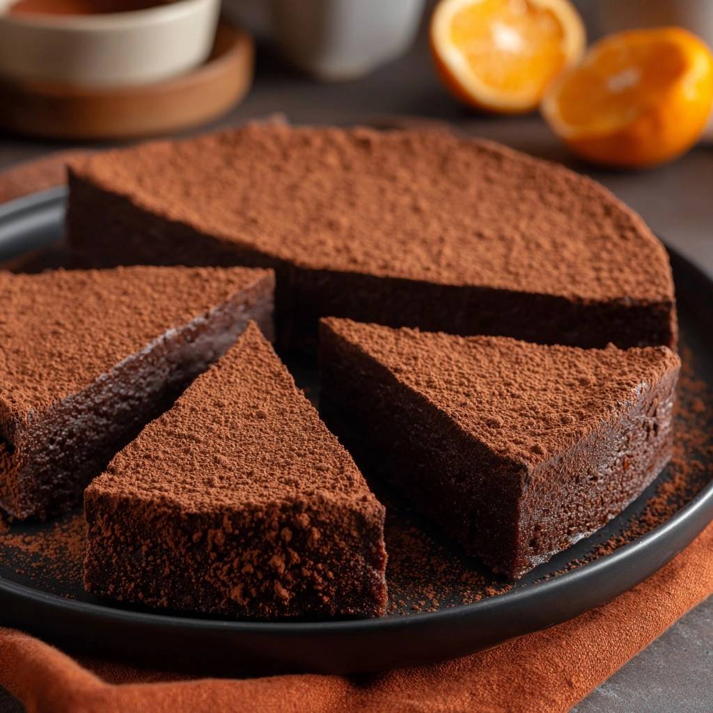 Flourless dark chocolate torte sliced and dusted with cocoa powder on a black plate.