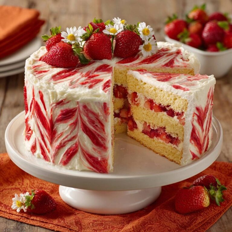 Fresh strawberry marble layer cake with a slice removed, revealing layers of cake and strawberries.