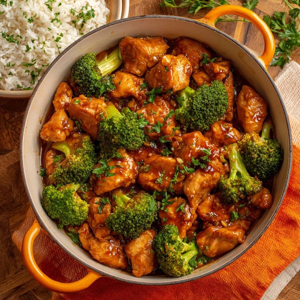Garlic ginger chicken and broccoli served in a pot with a side of white rice, shown from an overhead perspective.