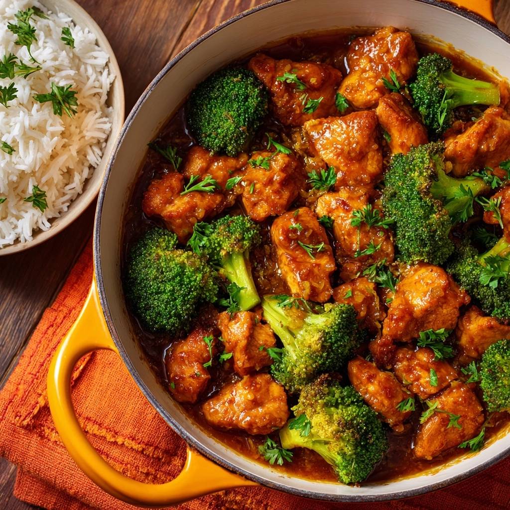 Garlic ginger chicken and broccoli in a saucy dish with a side of fluffy white rice, captured from a top-down view.
