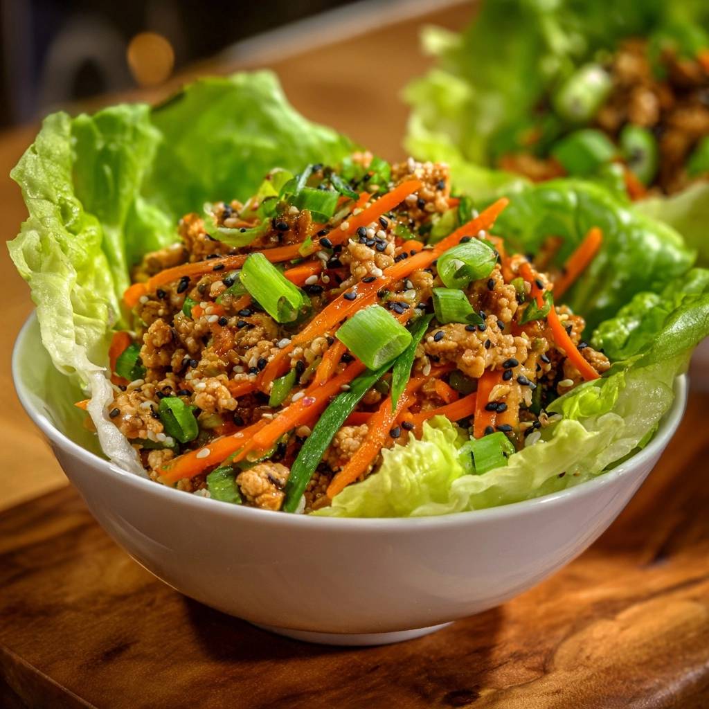 Savory ginger chicken lettuce wraps filling with shredded carrots and sesame seeds in a white bowl.
