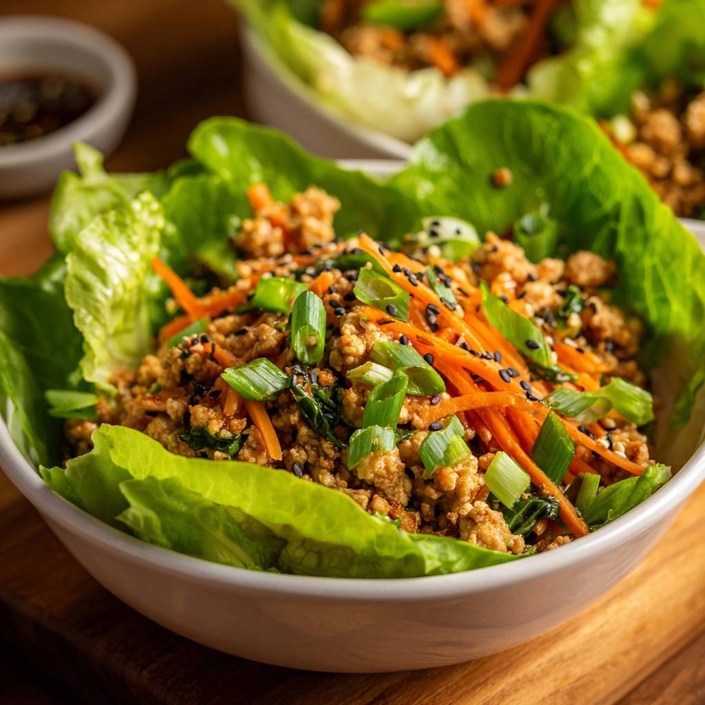 Savory ginger chicken lettuce wraps with a close-up view of fresh green onion and sesame seed garnish.