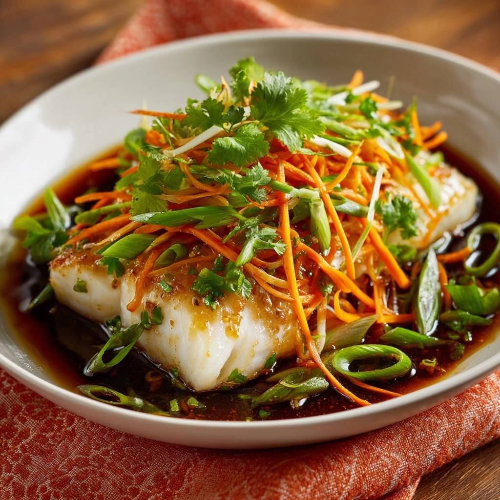 Ginger soy steamed white fish topped with julienned carrots, scallions, and cilantro in a dark sauce.