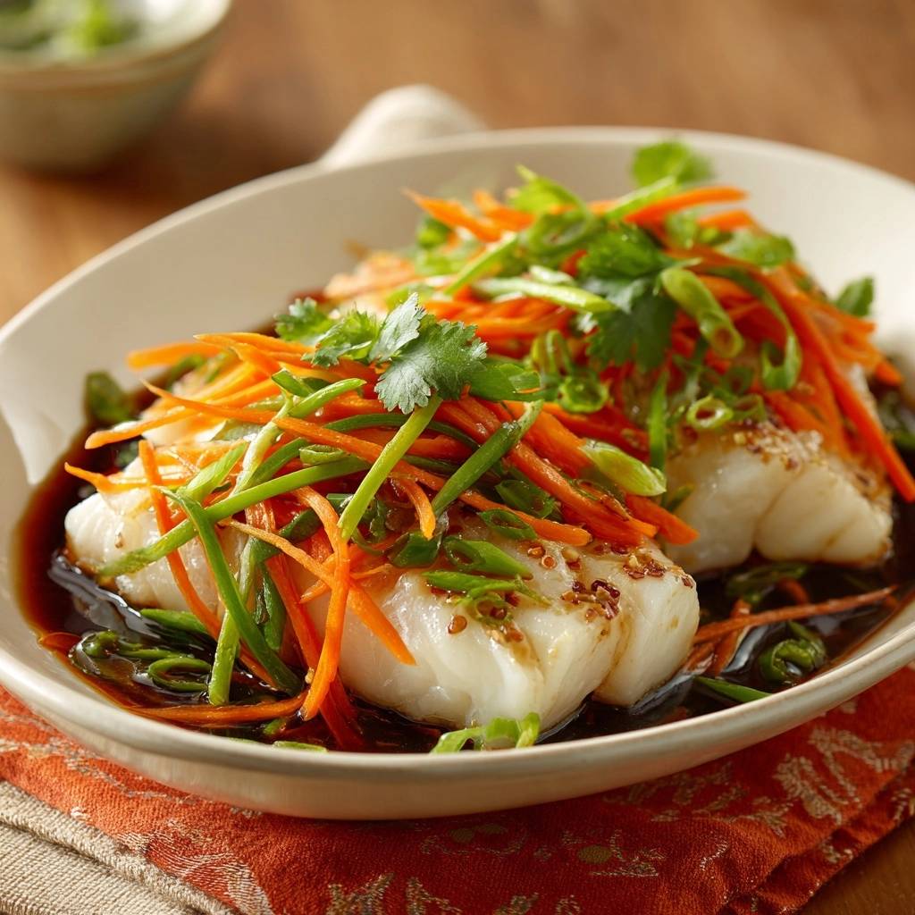 Ginger soy steamed white fish garnished with julienned carrots and scallions in a shallow bowl