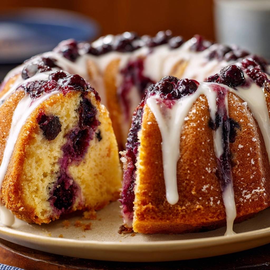 Glazed blueberry lemon bundt cake shown in a close-up cross-section with visible blueberries and drizzled glaze.