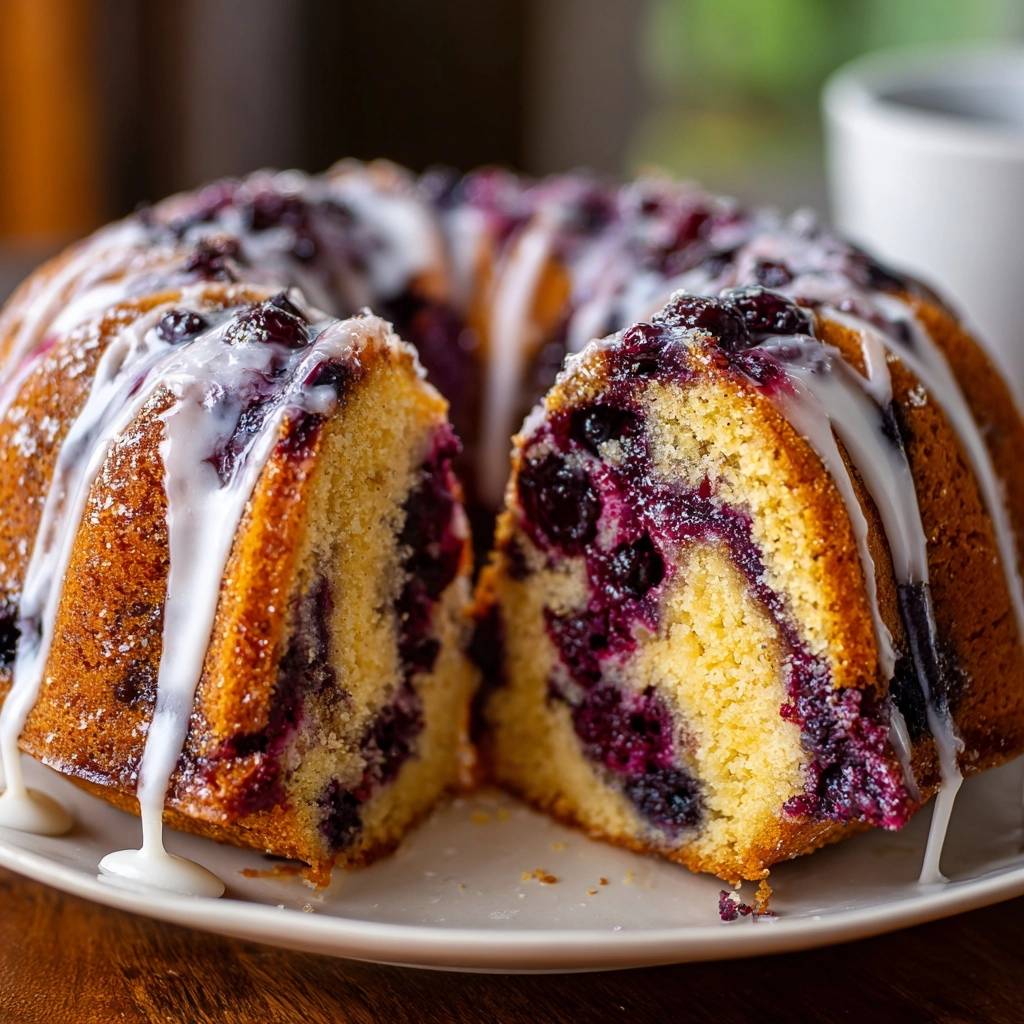 Glazed blueberry lemon bundt cake shown in a close-up cross-section revealing its tender crumb and juicy berries.