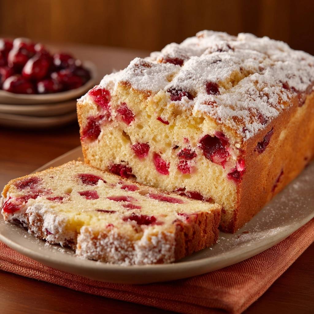 Glazed cranberry orange loaf cake, a slice showing the tart red cranberries embedded in the moist yellow cake crumb.