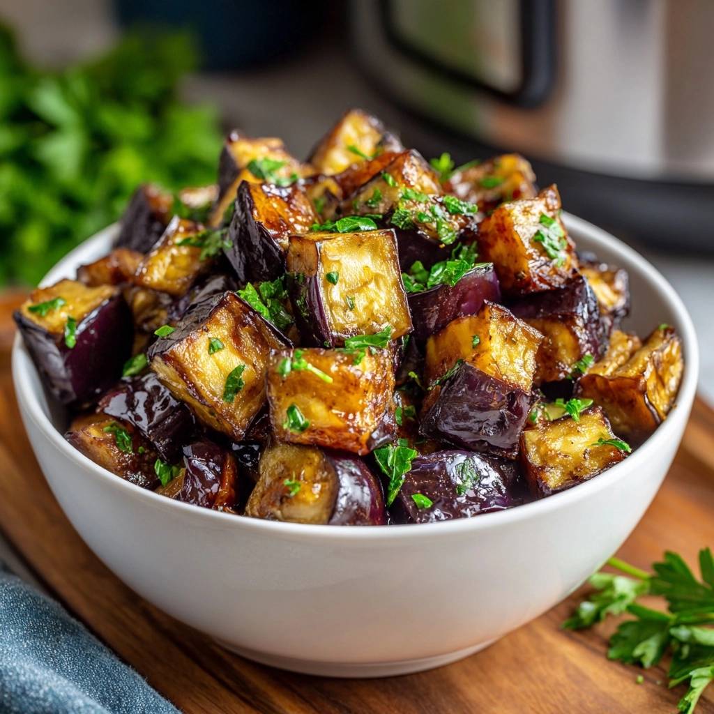 Crispy glazed eggplant cubes in a white bowl, generously garnished with fresh parsley.