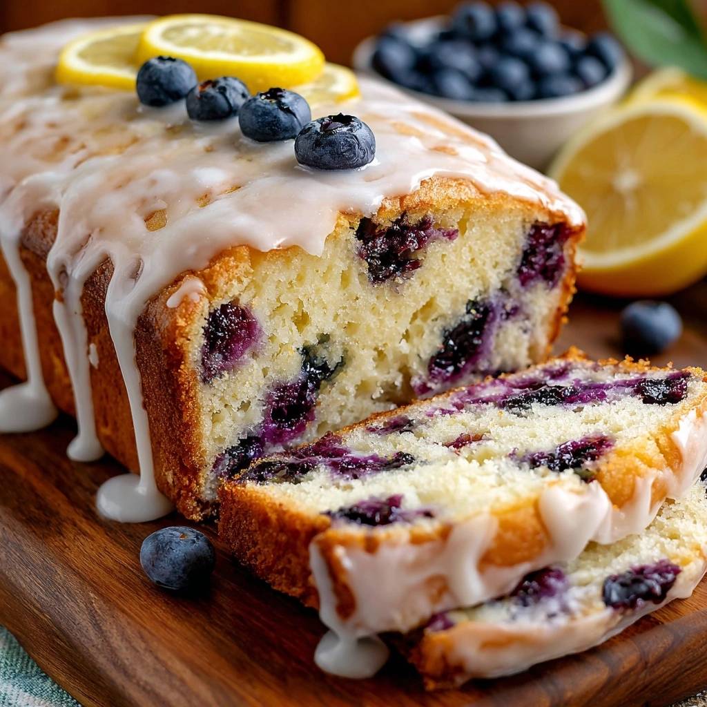 Glazed lemon blueberry loaf sliced to show the interior texture with fresh blueberries and lemon slices on top.