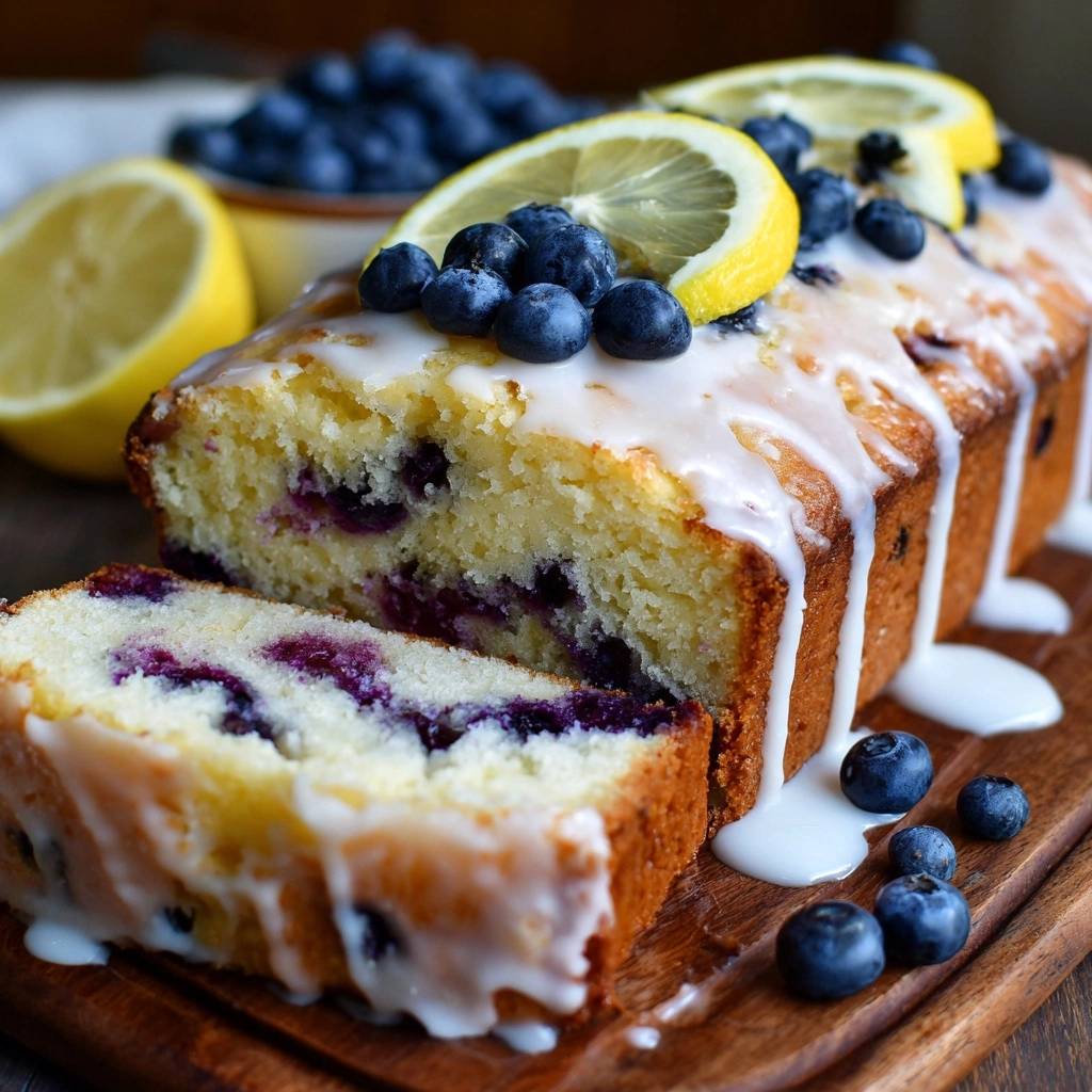 Glazed lemon blueberry loaf sliced to reveal the interior with fresh blueberries and lemon slices on top.