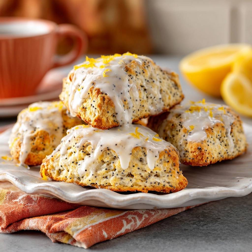 Glazed lemon poppy seed scones stacked on a white plate, drizzled with icing and garnished with lemon zest.