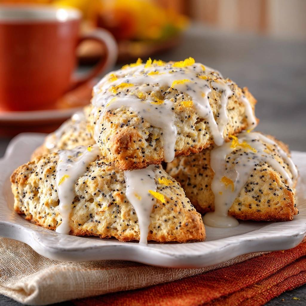 Glazed lemon poppy seed scones are stacked on a white plate, with white glaze drizzled over them and garnished with lemon zest.