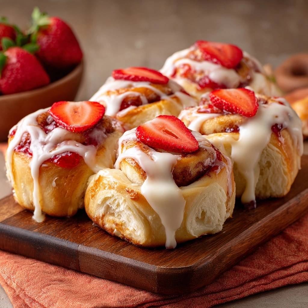 Glazed strawberry sweet rolls close-up, showing the drizzled icing and fresh strawberry topping on a wooden board.