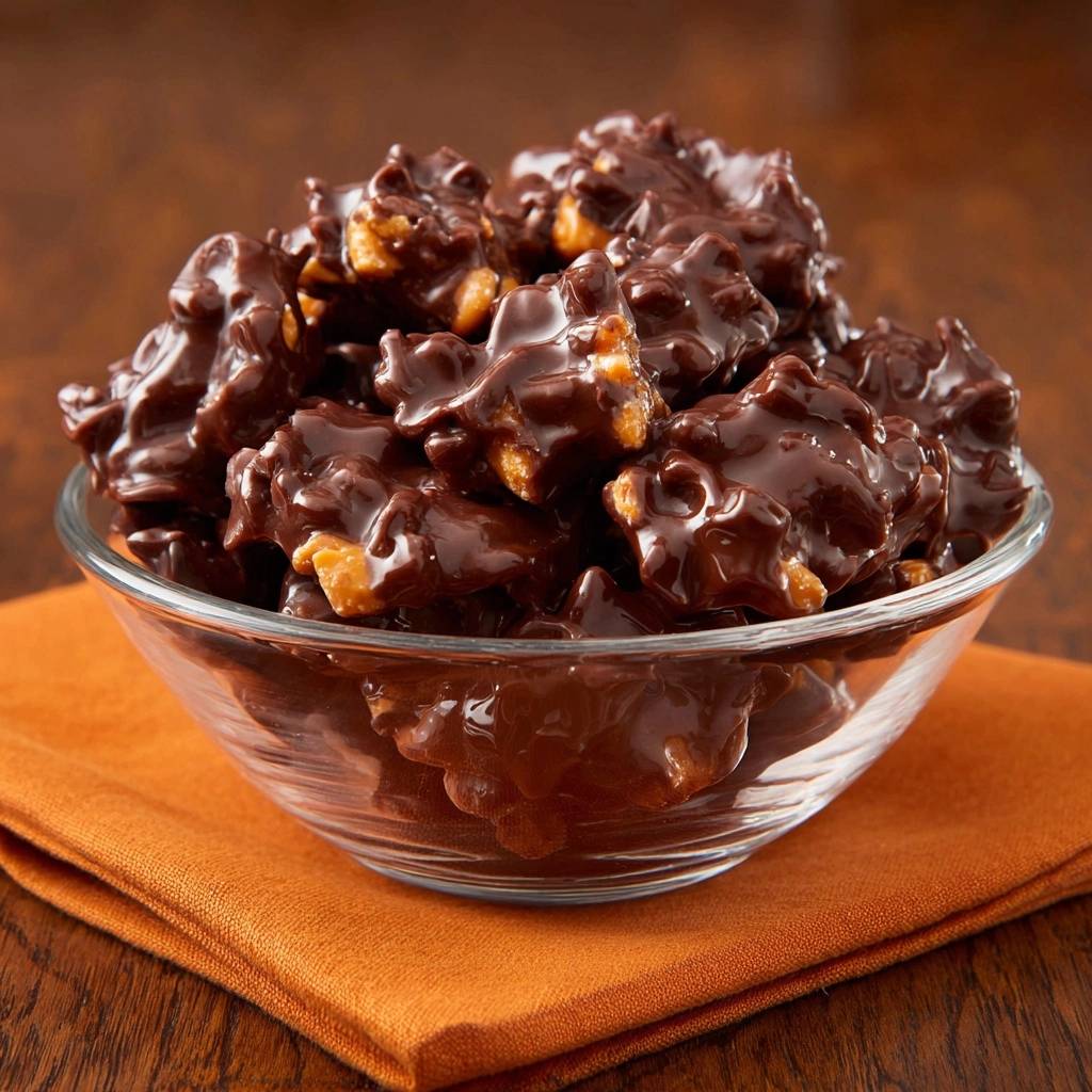 Glossy dark chocolate peanut clusters piled high in a clear glass bowl, showcasing their rich texture.