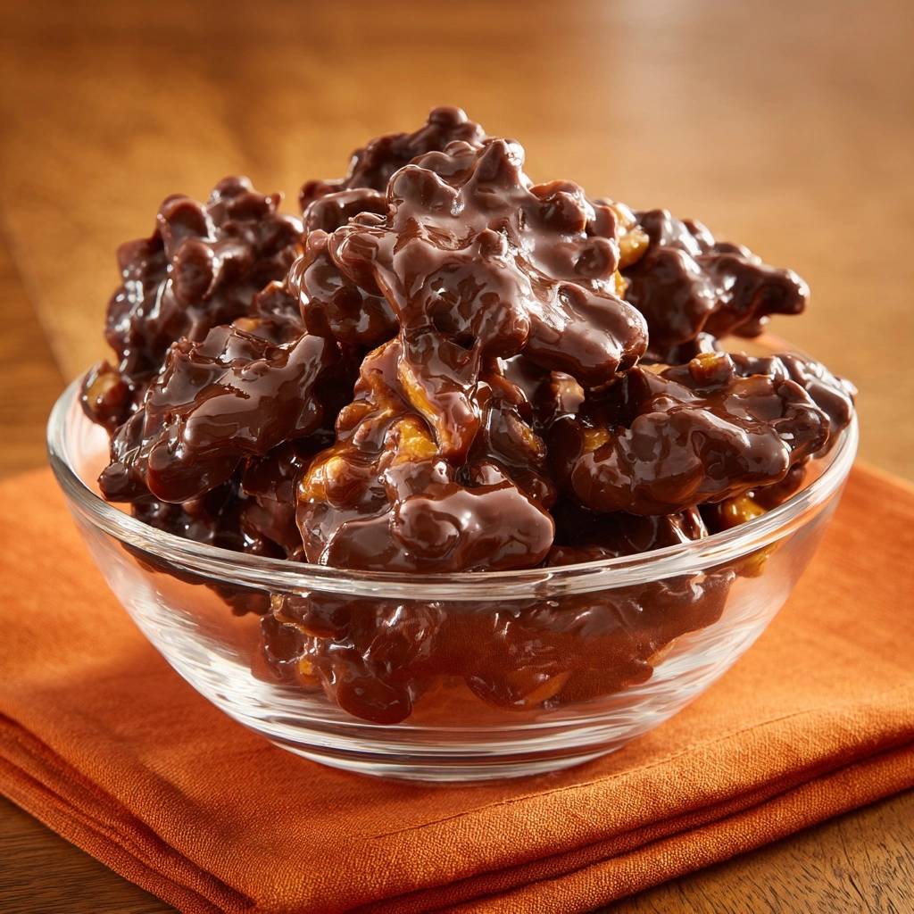 Glossy dark chocolate peanut clusters piled high in a clear glass bowl, showcasing their rich texture.