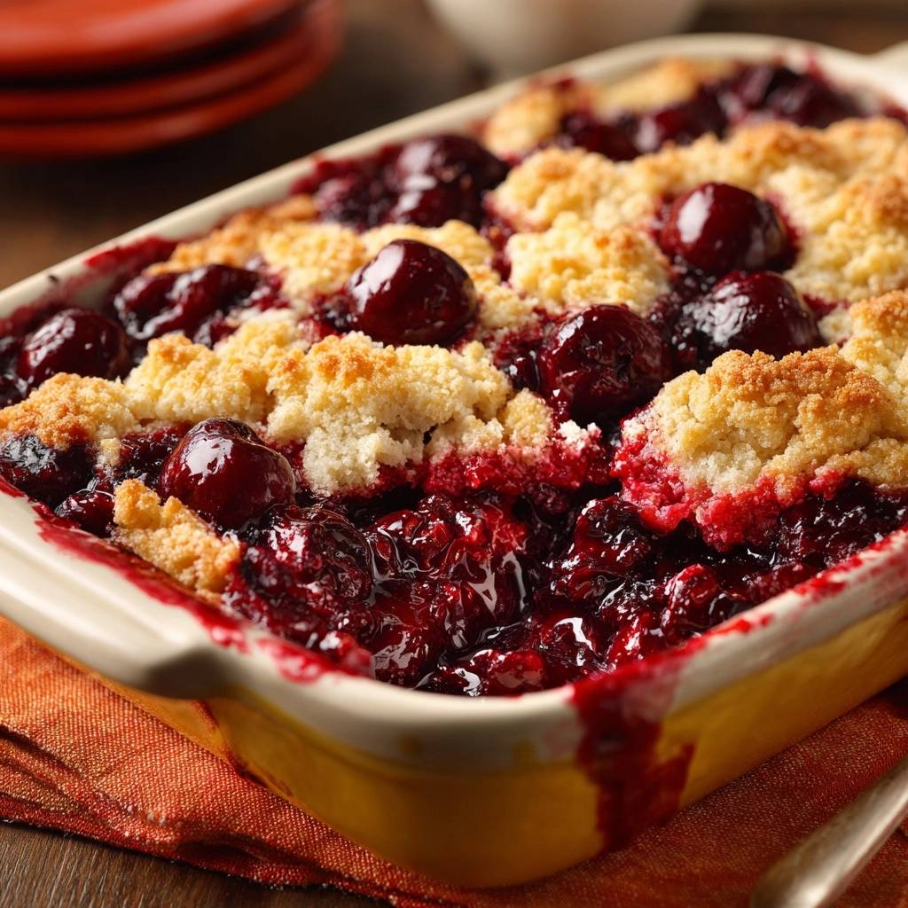 Golden cherry cobbler baked in a yellow dish, showing the bubbly fruit and golden topping.