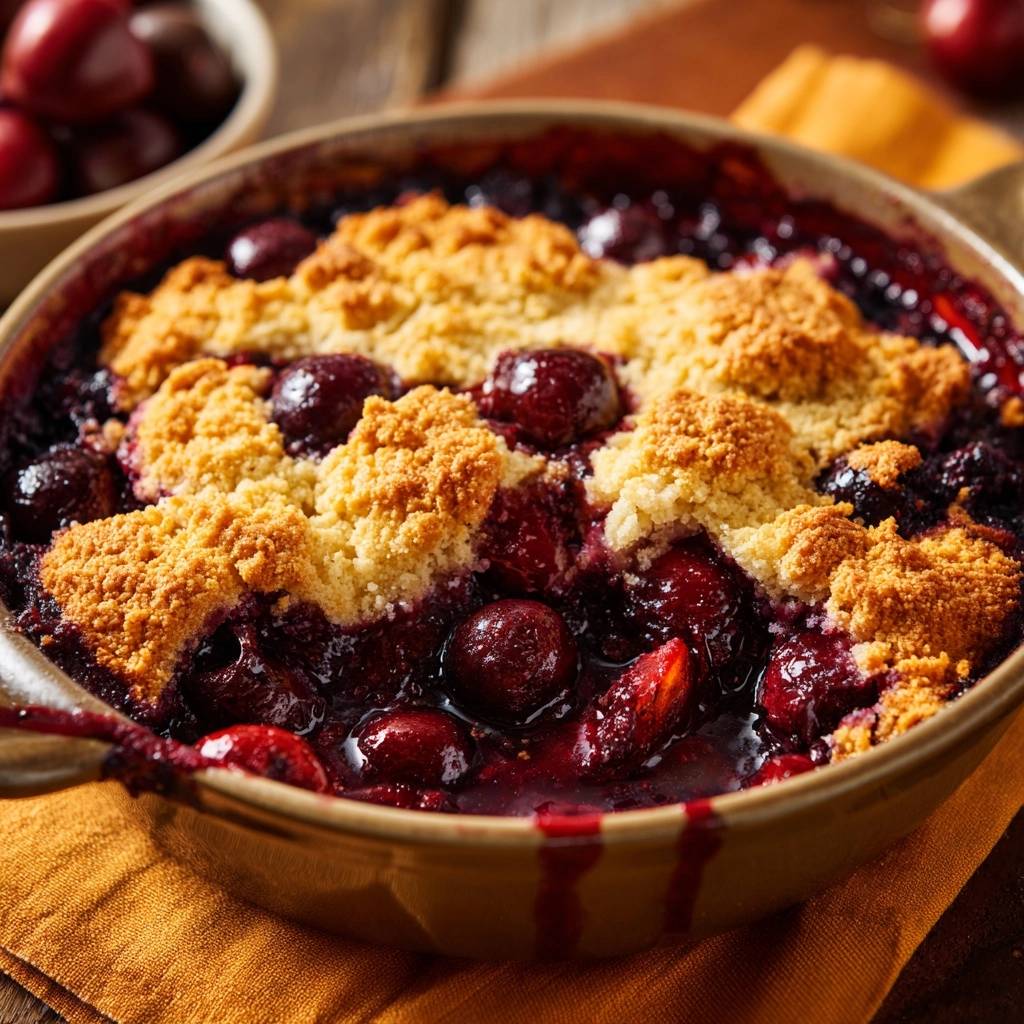 Golden cherry cobbler with a crumbly topping and visible whole cherries, a close-up view.