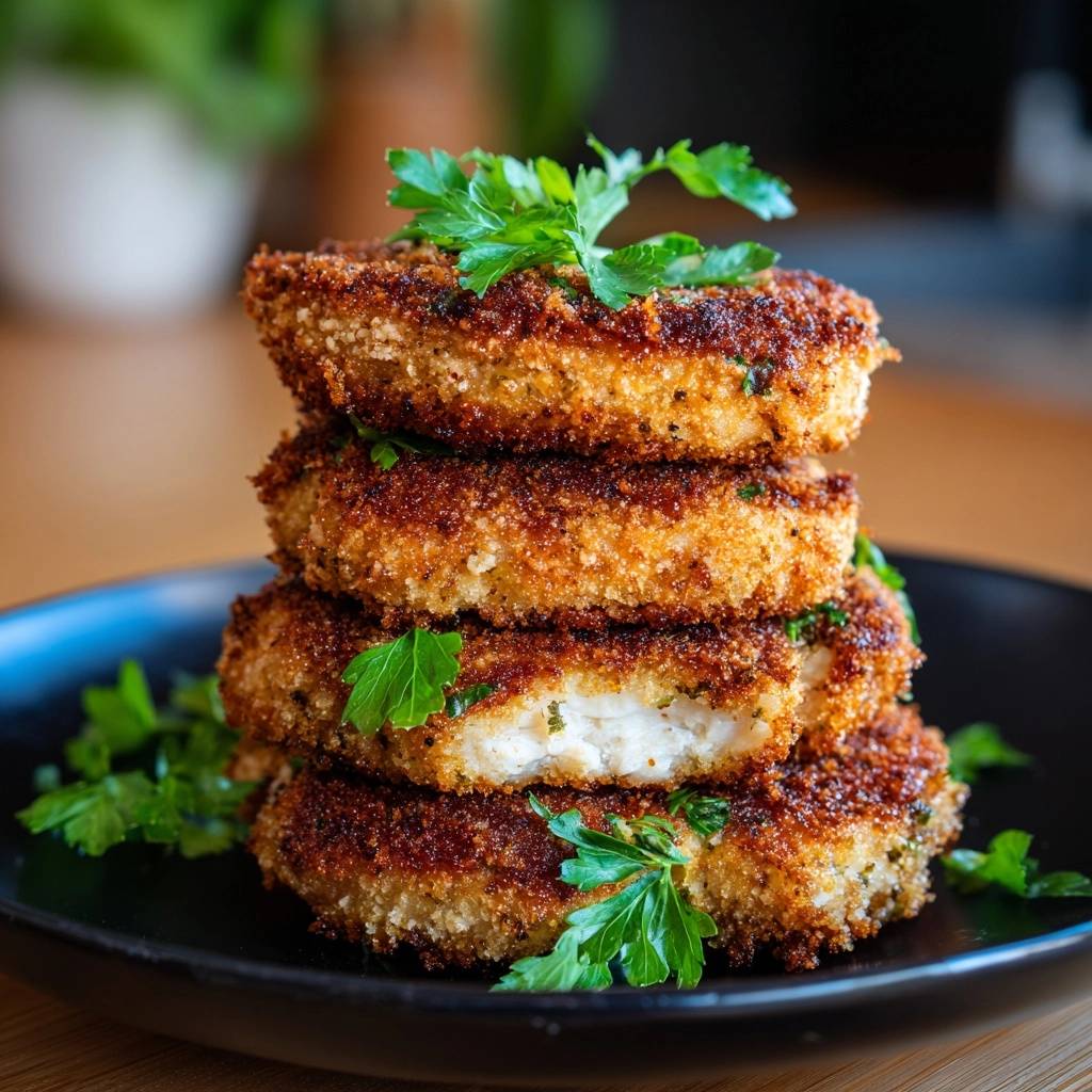 Golden crispy potato cakes stacked high on a black plate, showing a cross-section of one cake.