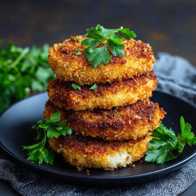 Golden crispy potato cakes stacked on a black plate, garnished with fresh parsley sprigs.