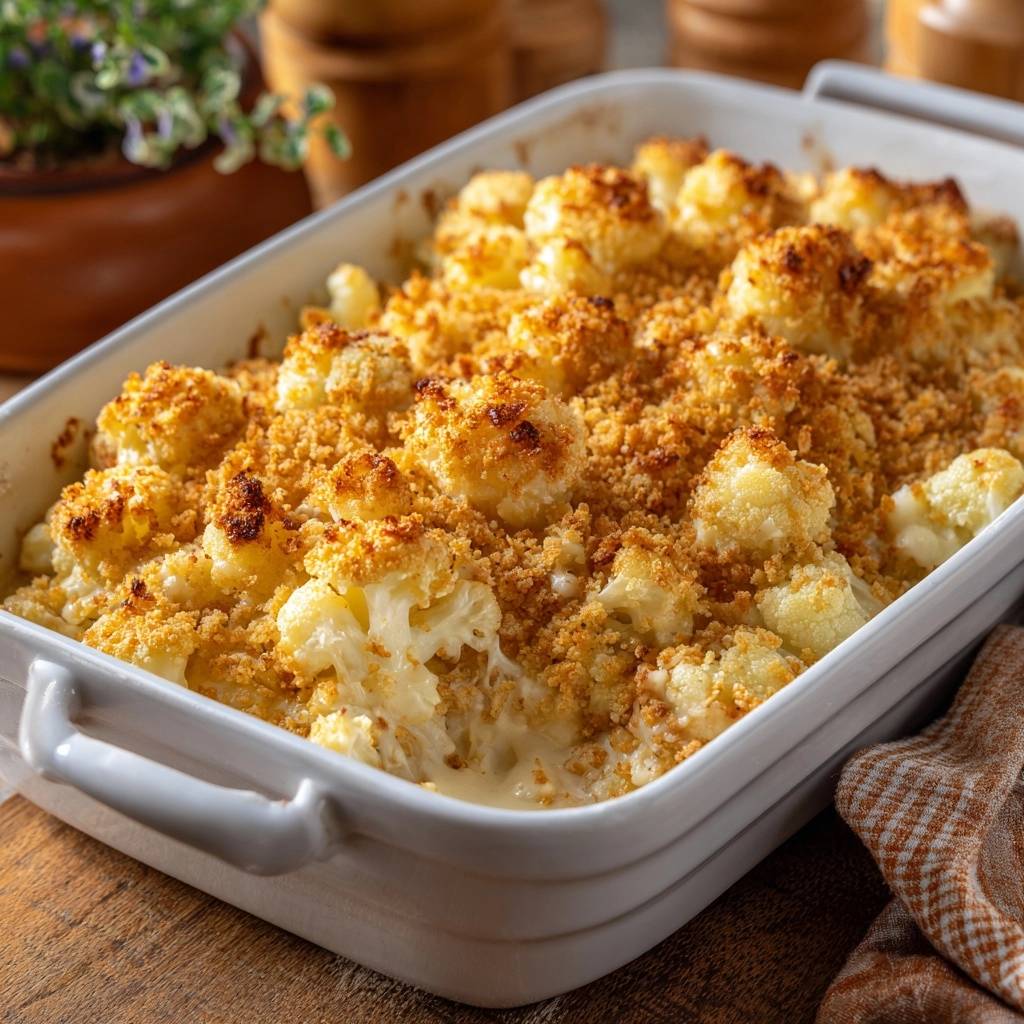 Golden roasted cauliflower gratin with a golden brown breadcrumb topping in a white baking dish.