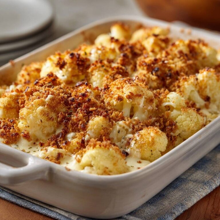 Golden roasted cauliflower gratin with a detailed view of the crispy breadcrumb topping and creamy sauce.