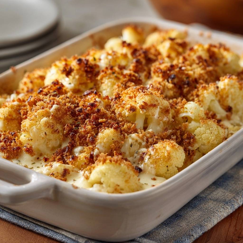Golden roasted cauliflower gratin with a detailed view of the crispy breadcrumb topping and creamy sauce.