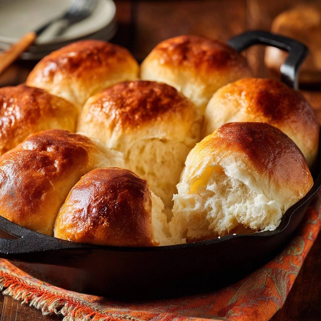 Golden skillet dinner rolls close-up showing the fluffy, torn interior of a freshly baked roll.