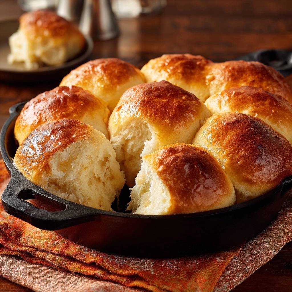 Golden skillet dinner rolls are shown here with one roll pulled apart, revealing its soft, fluffy interior.
