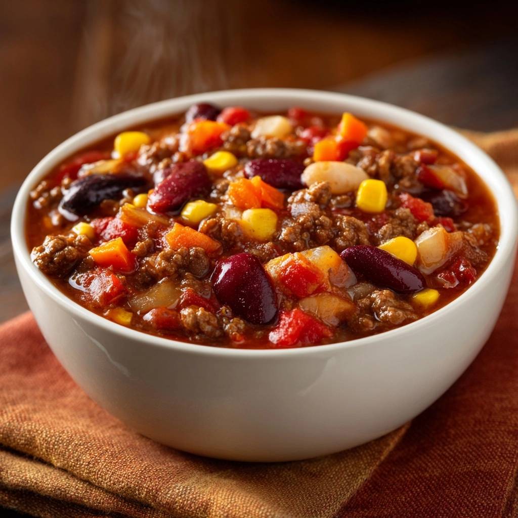 Hearty beef and corn chili in a white bowl, with steam rising from the surface.