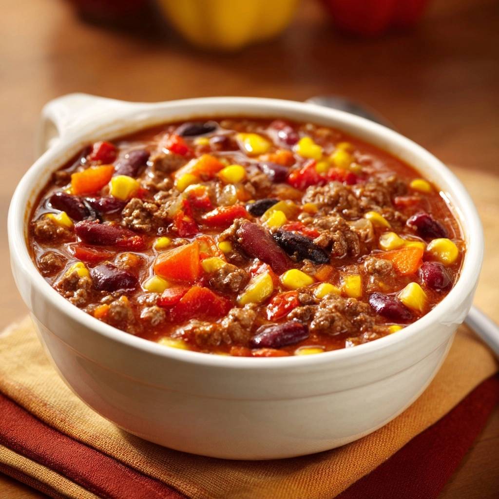 Hearty beef and corn chili in a white bowl, shown in a close-up view with visible beans, corn, and ground beef.