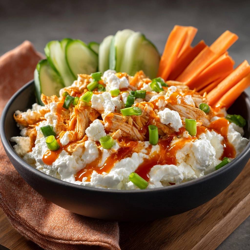 High-protein buffalo chicken whipped cottage cheese bowl generously garnished with crumbled feta and chopped scallions.