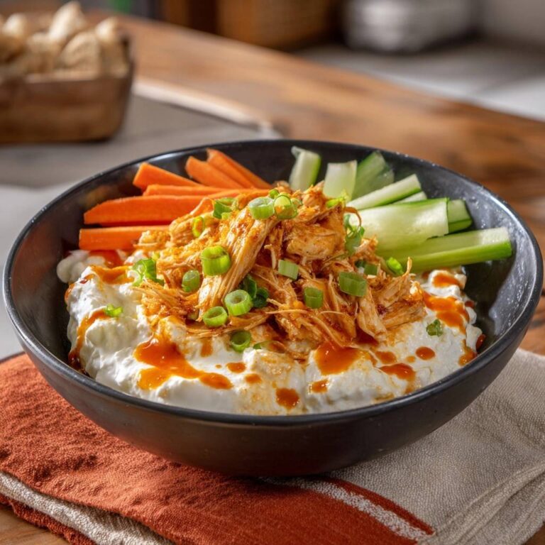 High-protein Buffalo chicken whipped cottage cheese bowl served with carrot and cucumber sticks in a black bowl, side view.