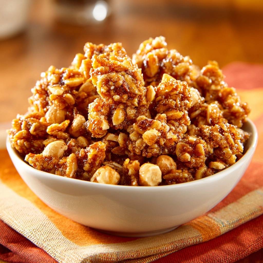 Honey glazed hazelnut and walnut clusters shown in a white bowl with a close-up view of the texture.
