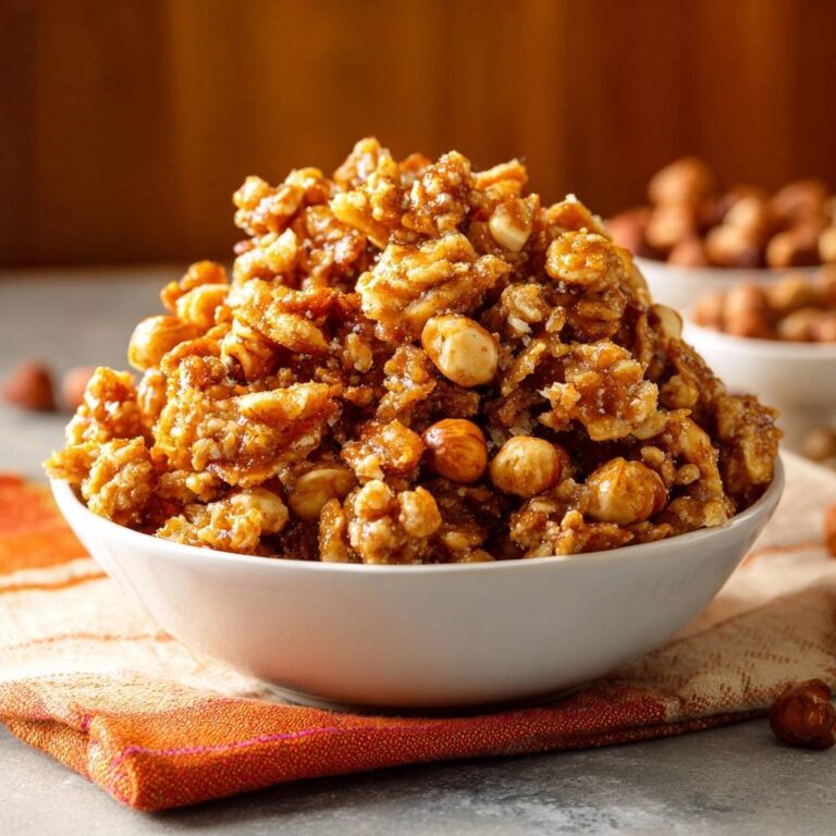 Honey glazed hazelnut and walnut clusters piled high in a white bowl, showcasing their rich texture and whole nuts.