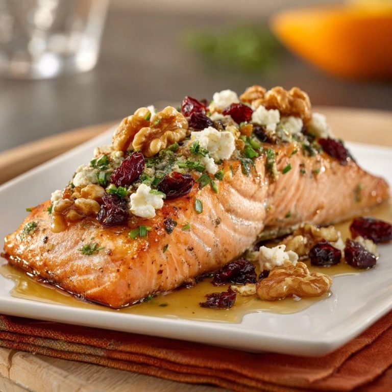 Honey glazed walnut and cranberry salmon plated with a generous topping of nuts and dried cranberries.
