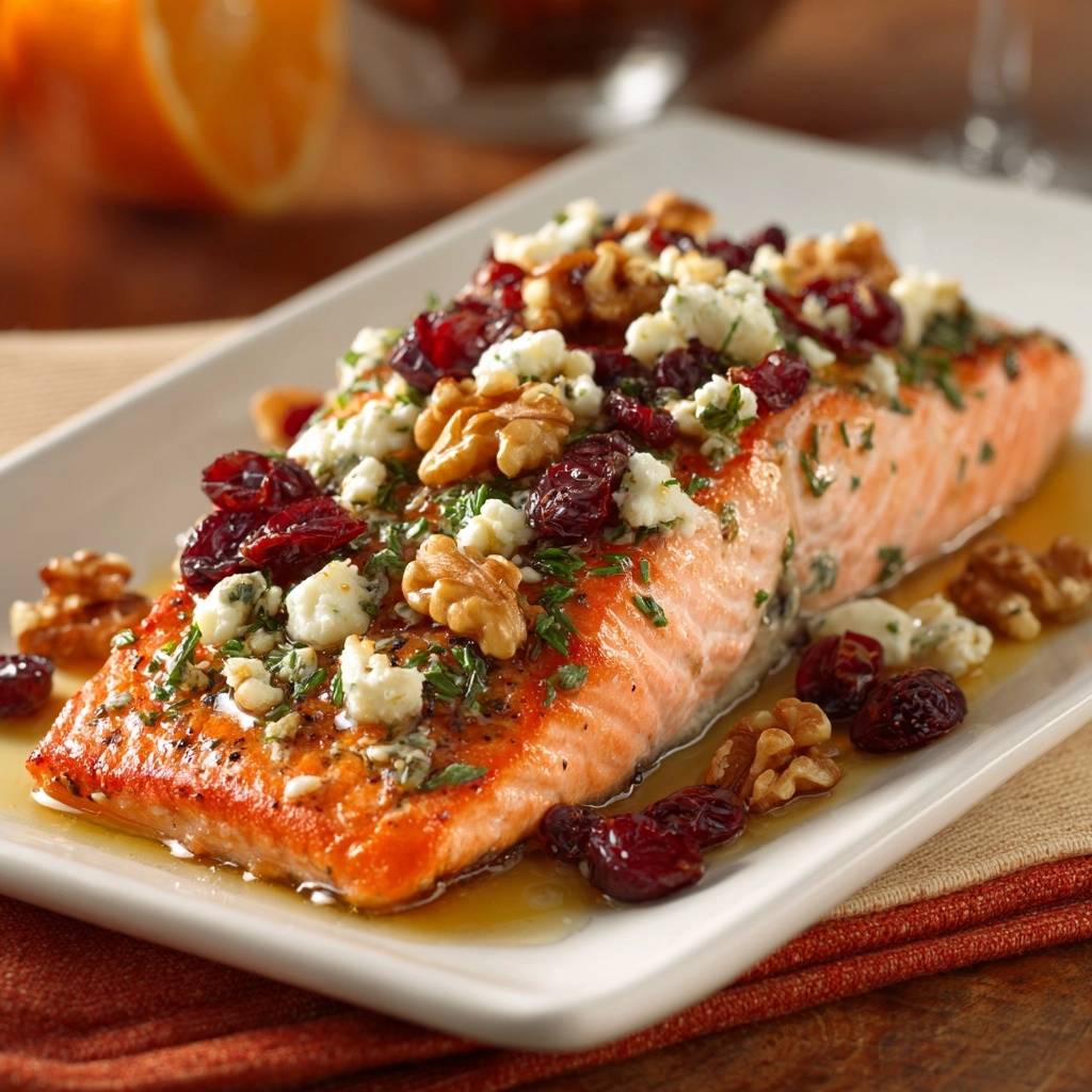 Honey glazed walnut and cranberry salmon featuring a close-up of the crumbled blue cheese and walnut topping.