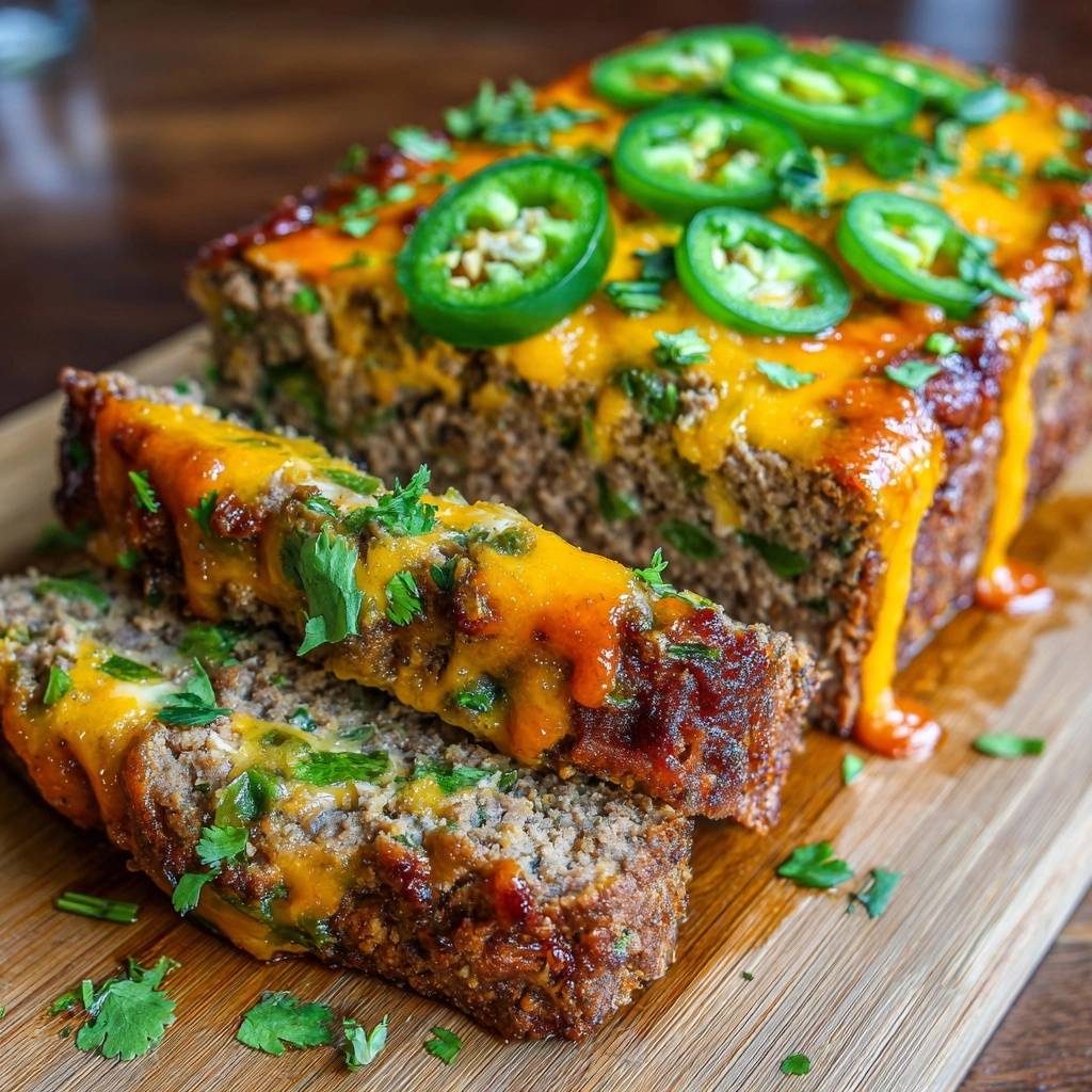 Jalapeno Popper Stuffed Meatloaf sliced with a cheesy topping and fresh cilantro garnish.
